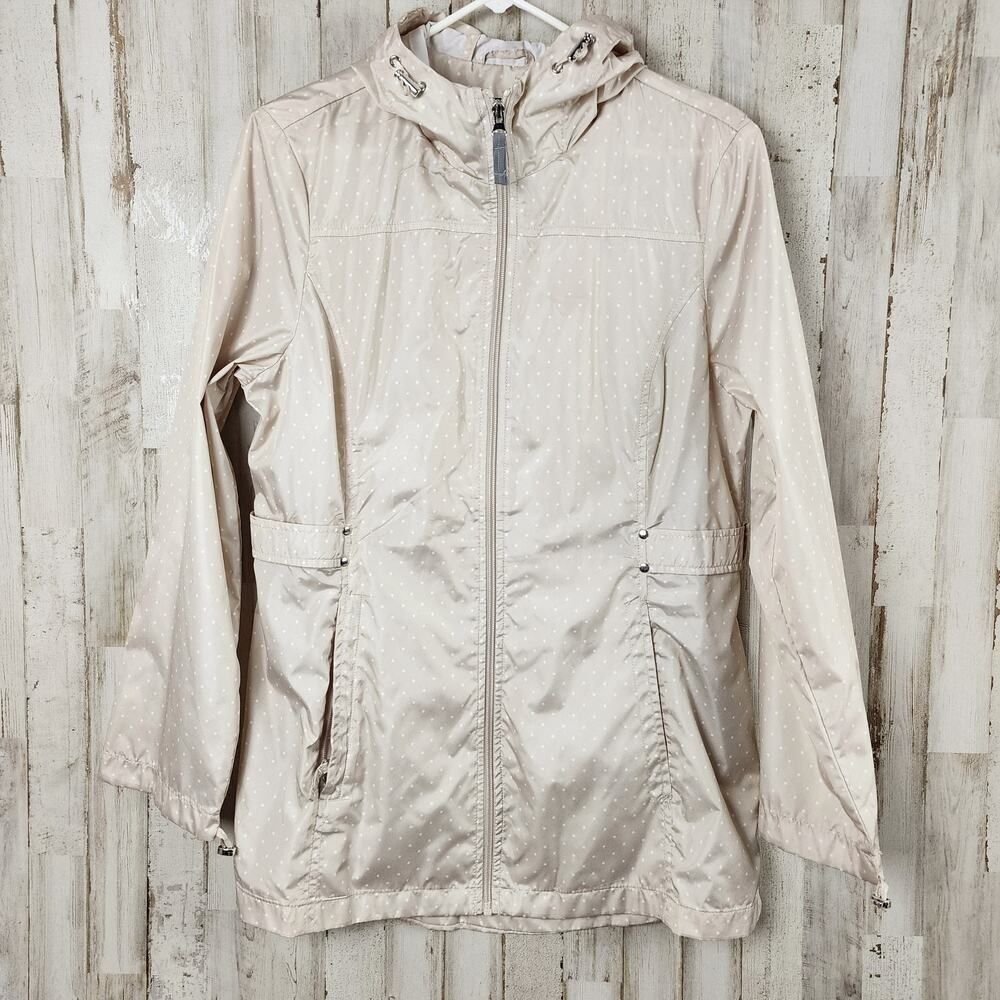 Jones New York Polka Dot Hooded Rain Jacket Light Tan Size Large